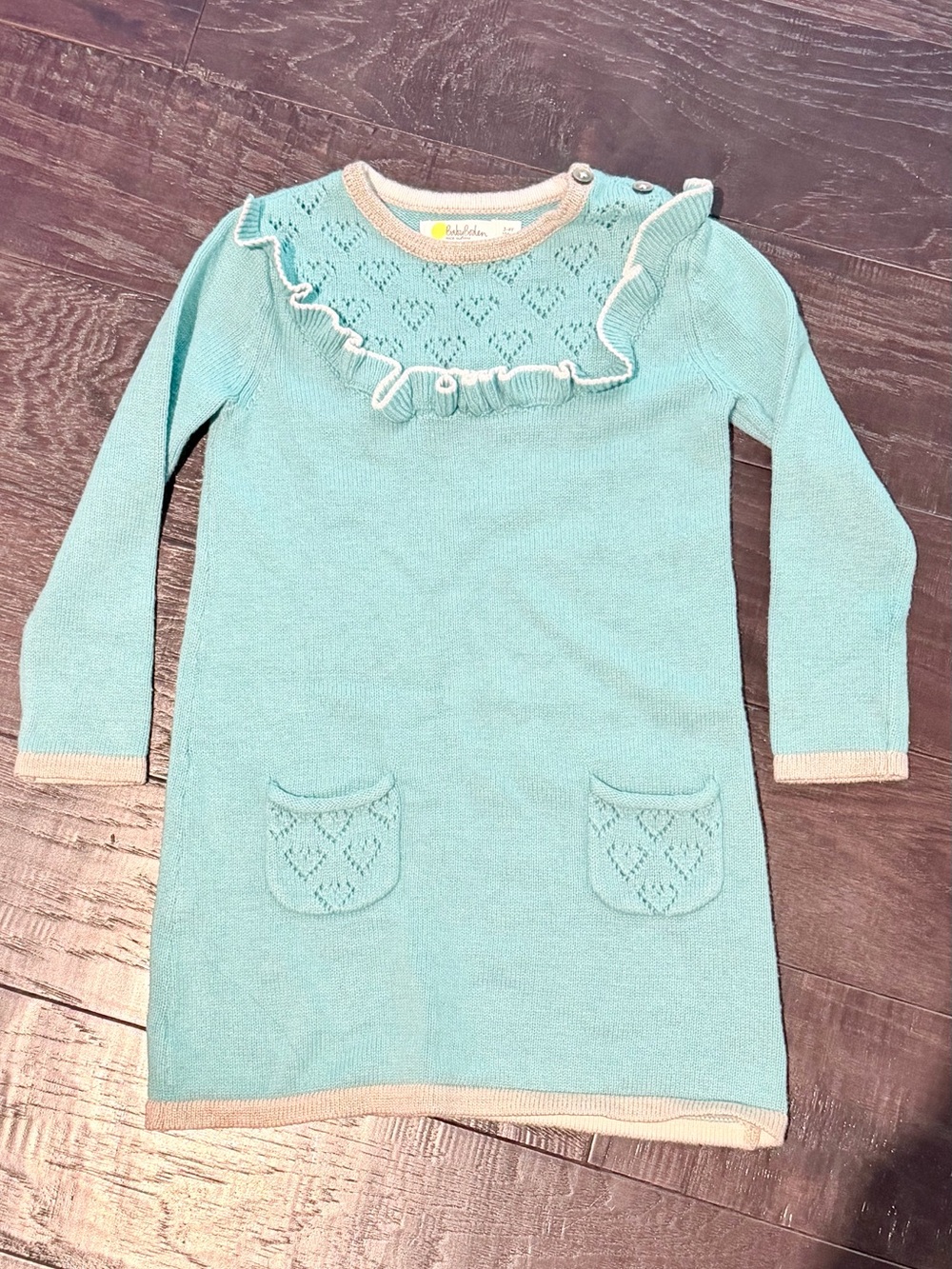 Baby Boden Teal Knit Ruffle Dress with Pocket Details